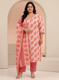 Plus Size Off White Floral Printed Cotton Straight Suit Set