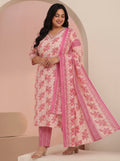 Plus Size Off White Floral Printed Cotton Straight Suit Set