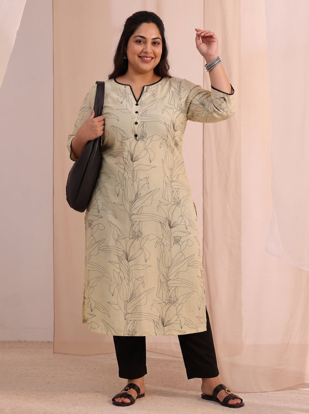 Plus Size Off White Floral Printed Silk Blend Straight Kurta