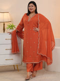 Plus Size Orange Embroidered Chanderi Cotton A-Line Suit Set
