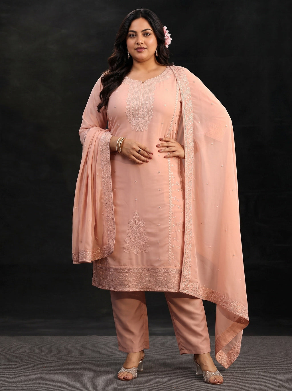 Plus Size Peach Embroidered Georgette Straight Suit Set