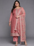 Plus Size Peach Self Design Silk Blend Straight Suit Set