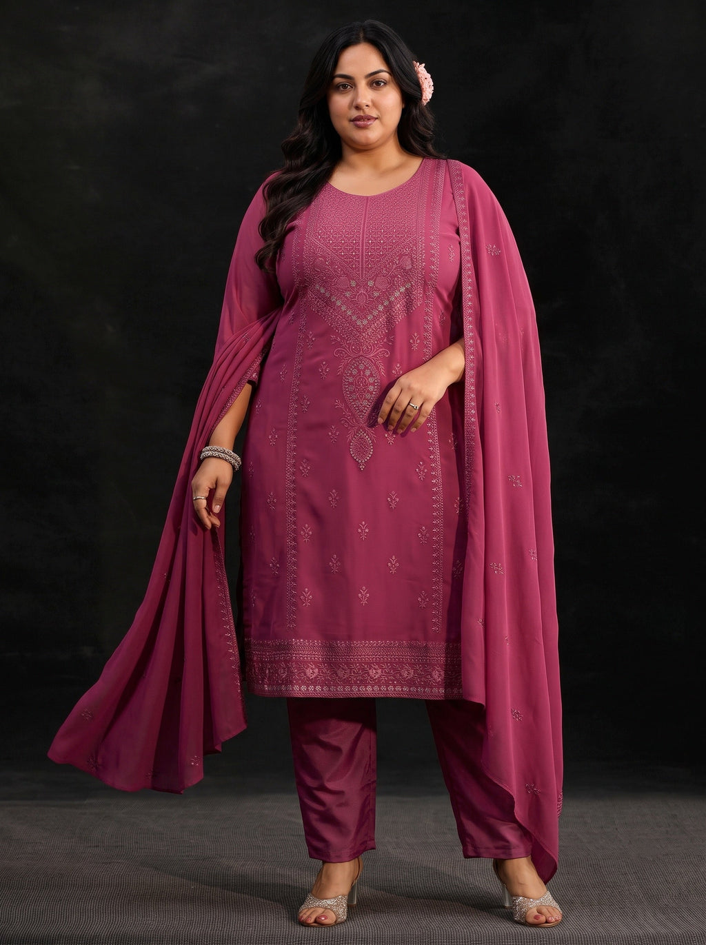 Plus Size Pink Floral Embroidered Georgette Straight Suit Set