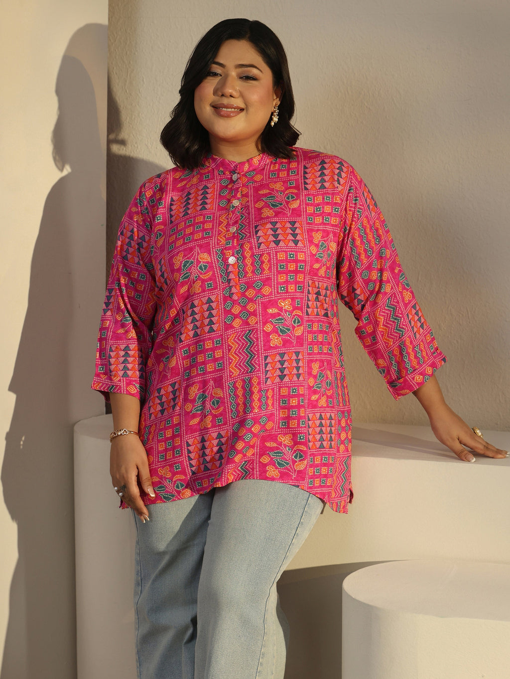 Plus Size Pink Multi Printed Rayon Straight Tunic