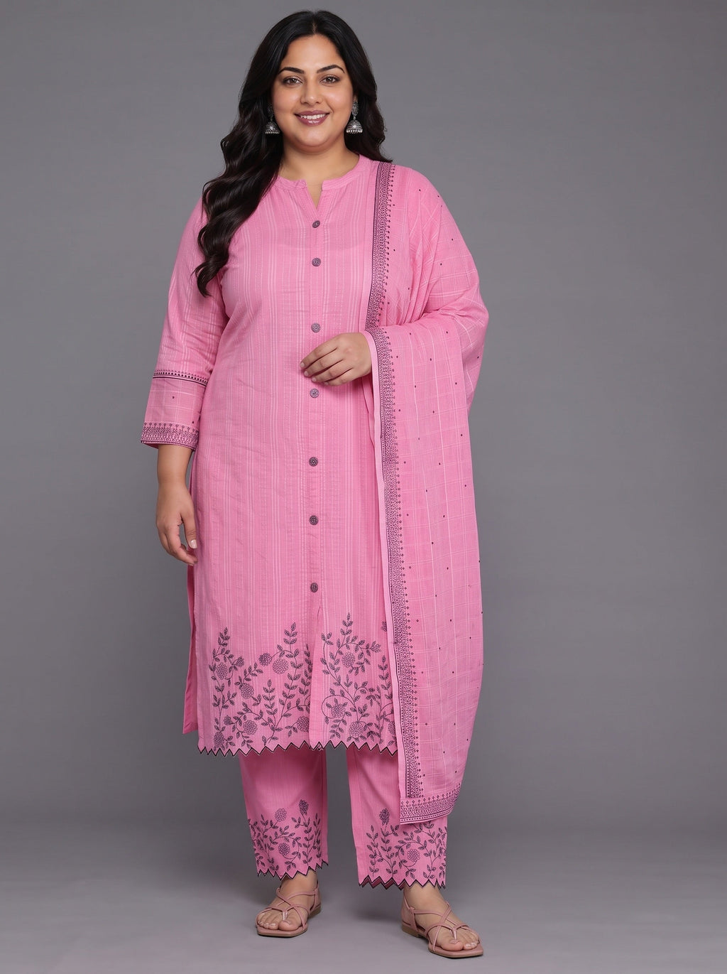 Plus Size Pink Woven Design Cotton Straight Suit With Dupatta