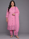 Plus Size Pink Woven Design Cotton Straight Suit With Dupatta