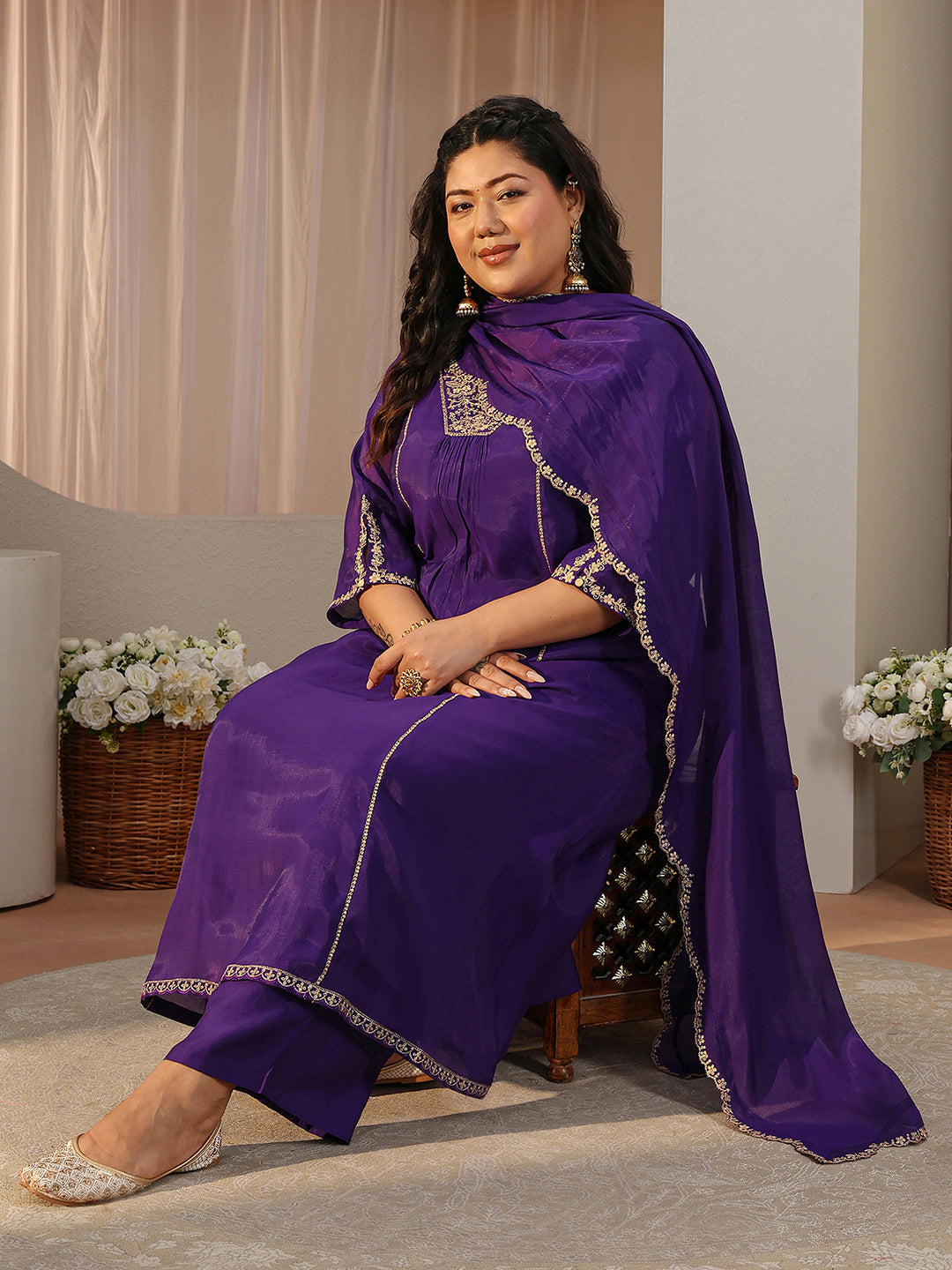Plus Size Purple Embellished Silk Blend A-Line Suit Set