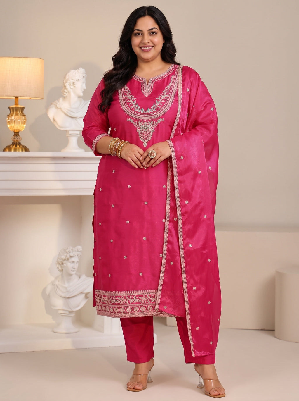 Plus Size Rani Pink Ethnic Embroidered Tissue Straight Suit Set