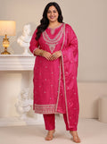 Plus Size Rani Pink Ethnic Embroidered Tissue Straight Suit Set