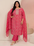 Plus Size Raspberry Red Floral Printed Cotton Straight Suit Set