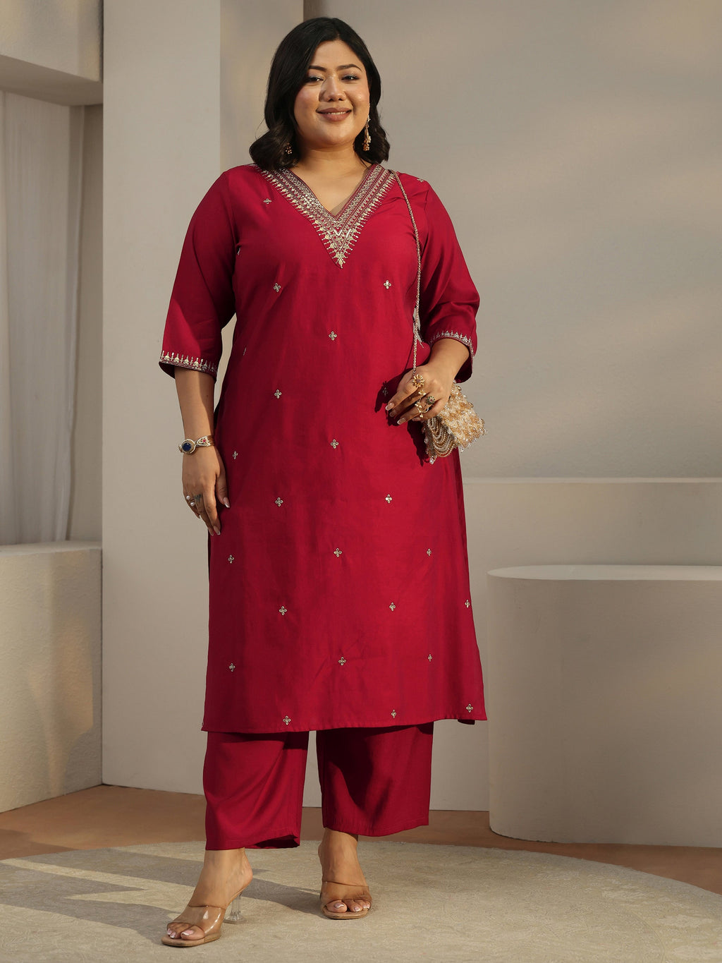 Plus Size Red Embroidered Silk Blend Straight Kurta Set