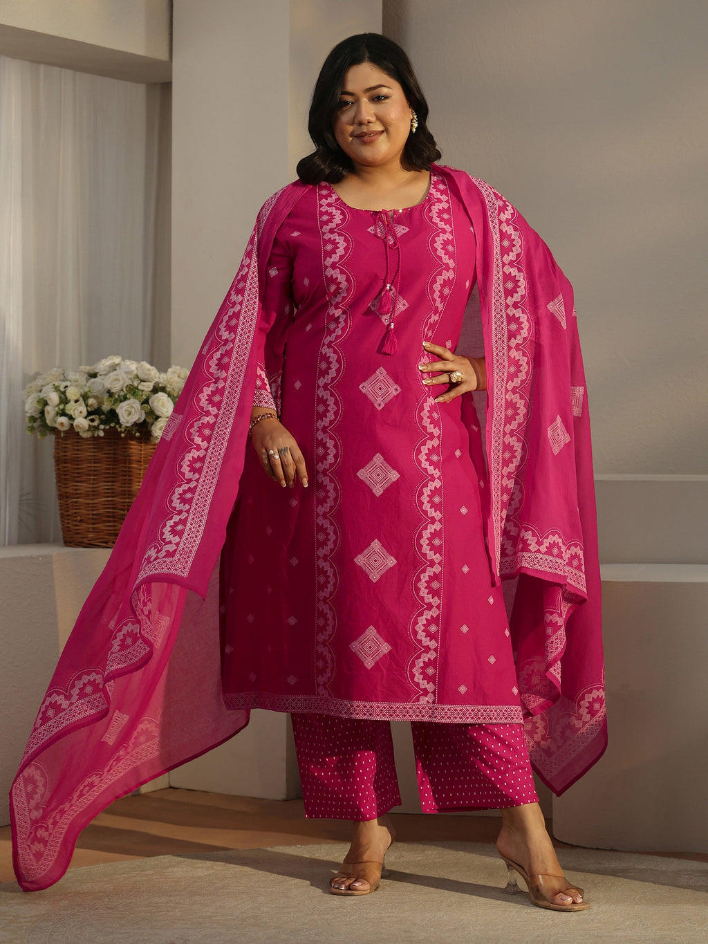 Plus Size Rose Pink Printed Cotton A-line Suit Set