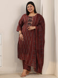 Plus Size Rust Brown Ajrakh-Inspired Cotton Straight Suit Set