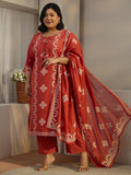 Plus Size Rust Brown Printed Cotton A-line Suit Set