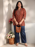 Plus Size Rust Ethnic Printed Silk Blend Straight Short Kurti