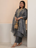 Plus Size Slate Grey Floral Embellished Tissue Straight Suit Set