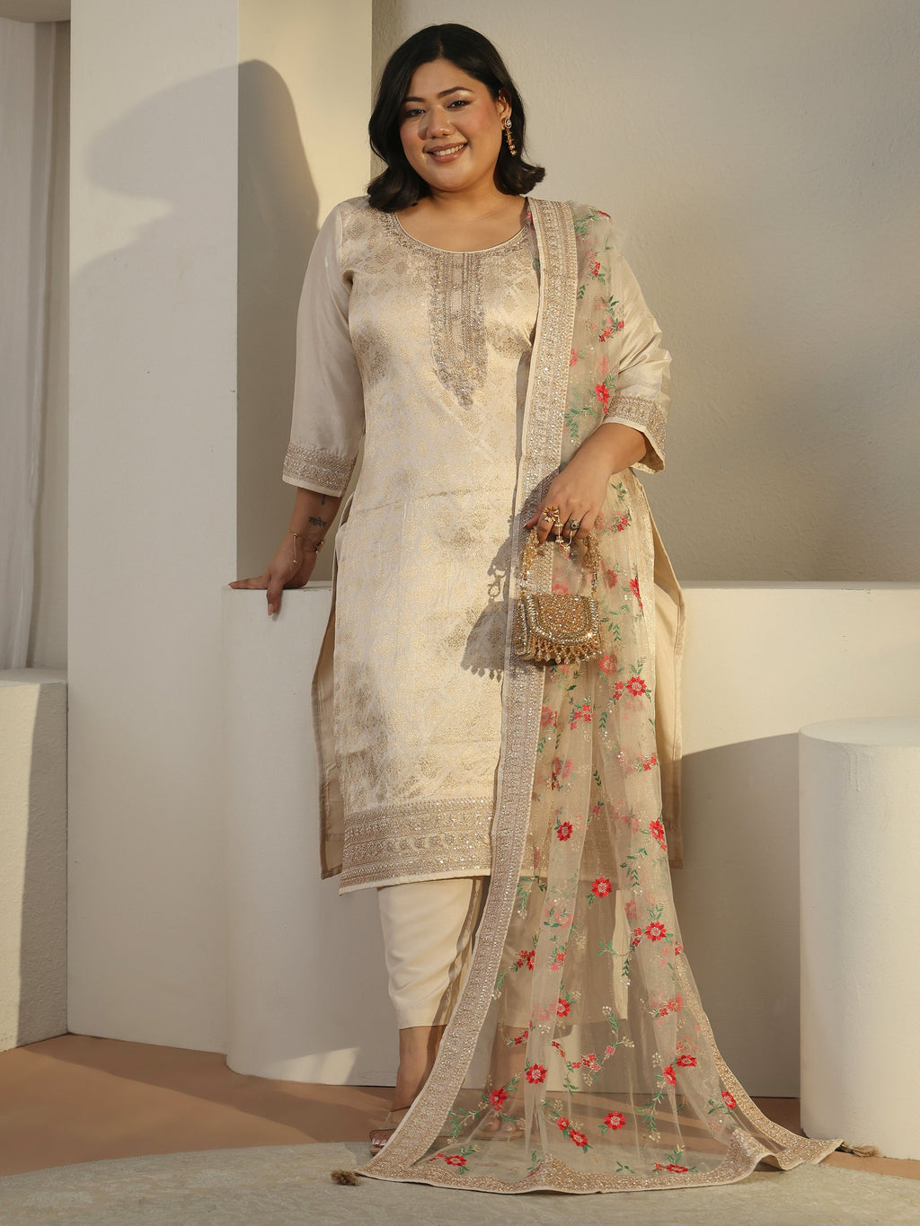 Plus Size Taupe Woven Design Silk Blend Straight Suit Set With Dupatta
