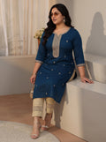Plus Size Teal Blue Embroidered Silk Blend Straight Kurta