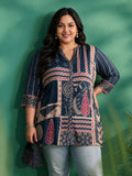 Plus Size Teal Blue Printed Muslin Short Kurti