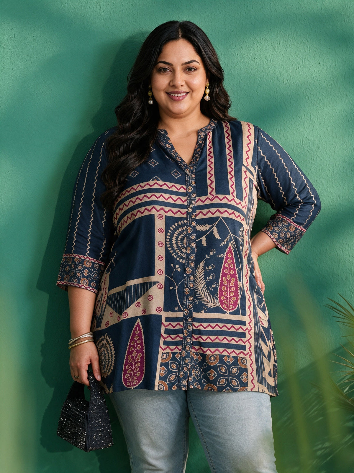 Plus Size Teal Blue Printed Muslin Short Kurti