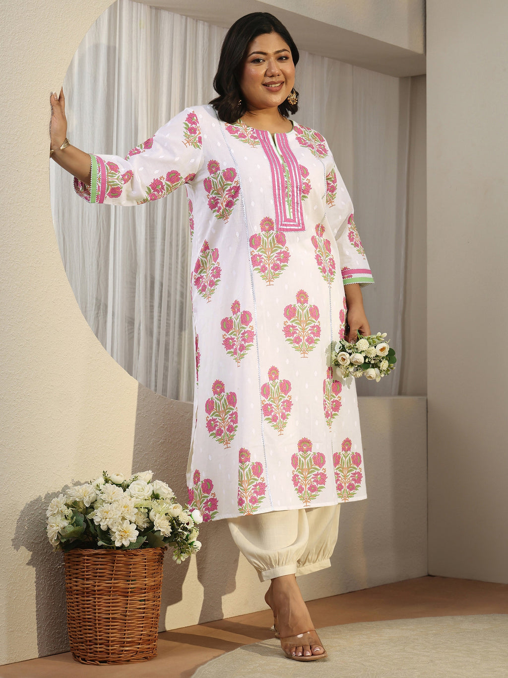 Plus Size White Floral Printed Cotton A-Line Kurta