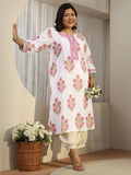 Plus Size White Floral Printed Cotton A-Line Kurta