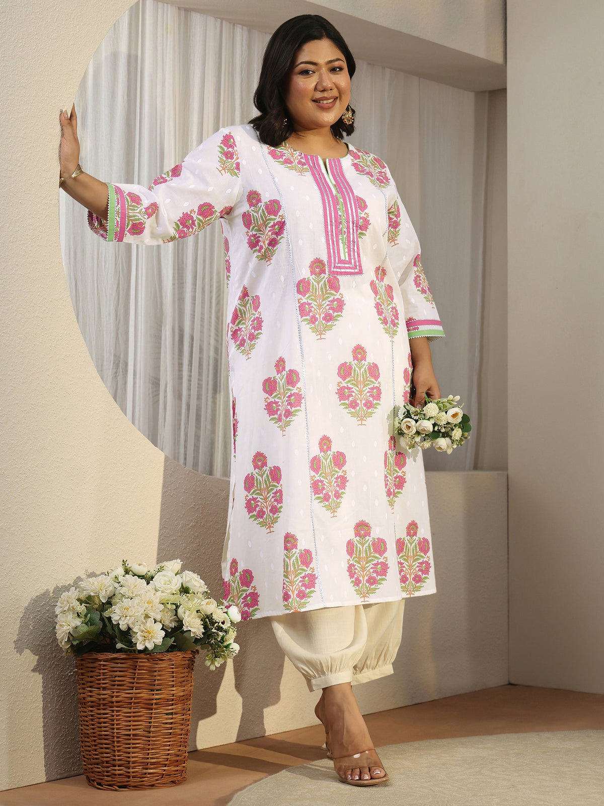 Plus Size White Floral Printed Cotton A-Line Kurta