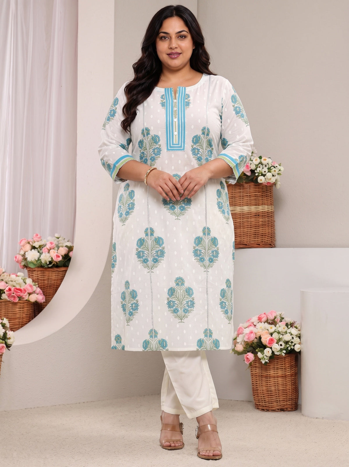 Plus Size White Floral Printed Cotton A-Line Kurta