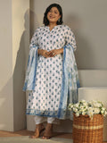 Plus Size White Floral Printed Cotton Anarkali Suit Set