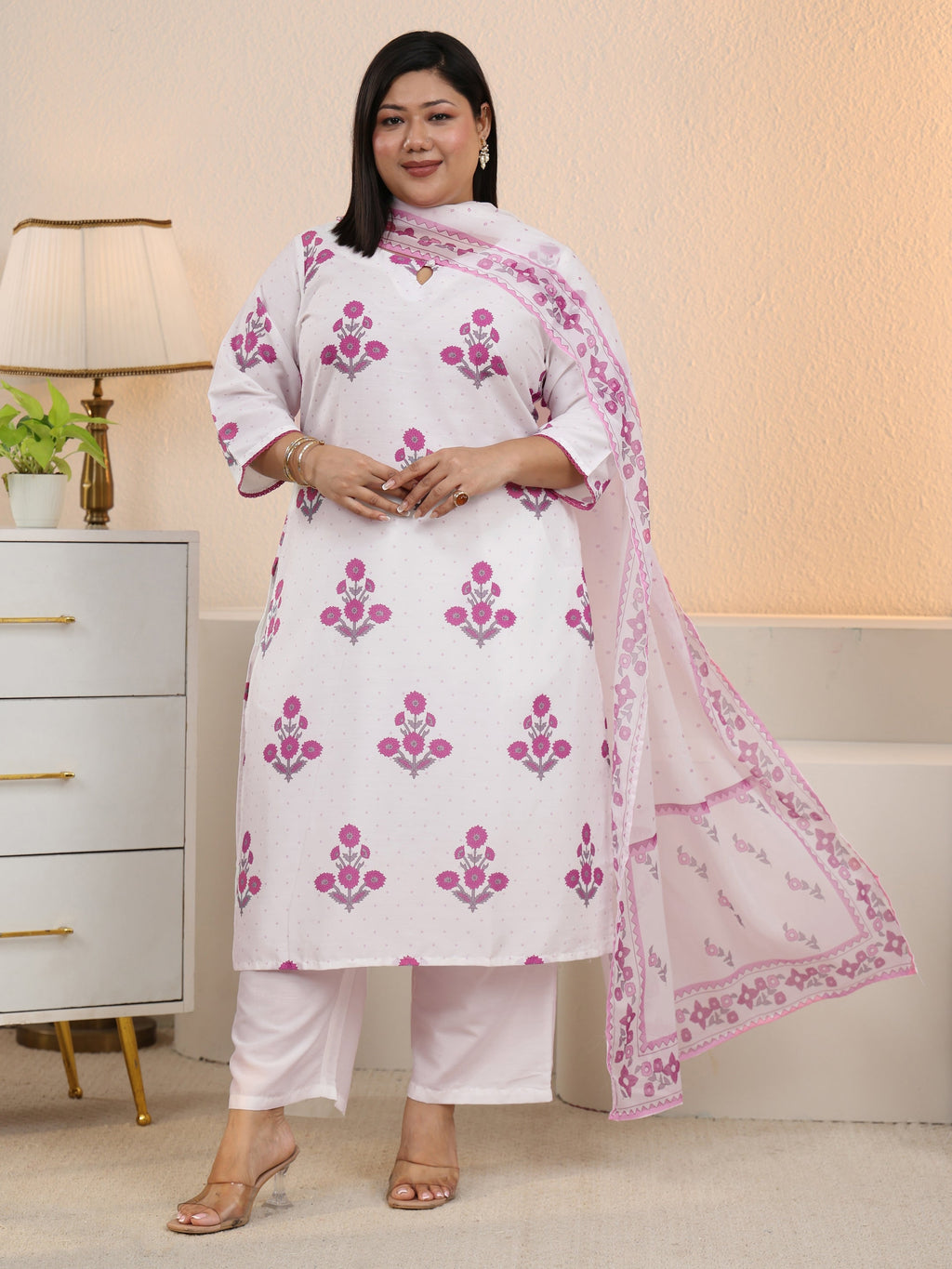 Plus Size White Floral Printed Cotton Blend Straight Suit Set With Dupatta