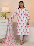 Plus Size White Floral Printed Cotton Blend Straight Suit Set With Dupatta