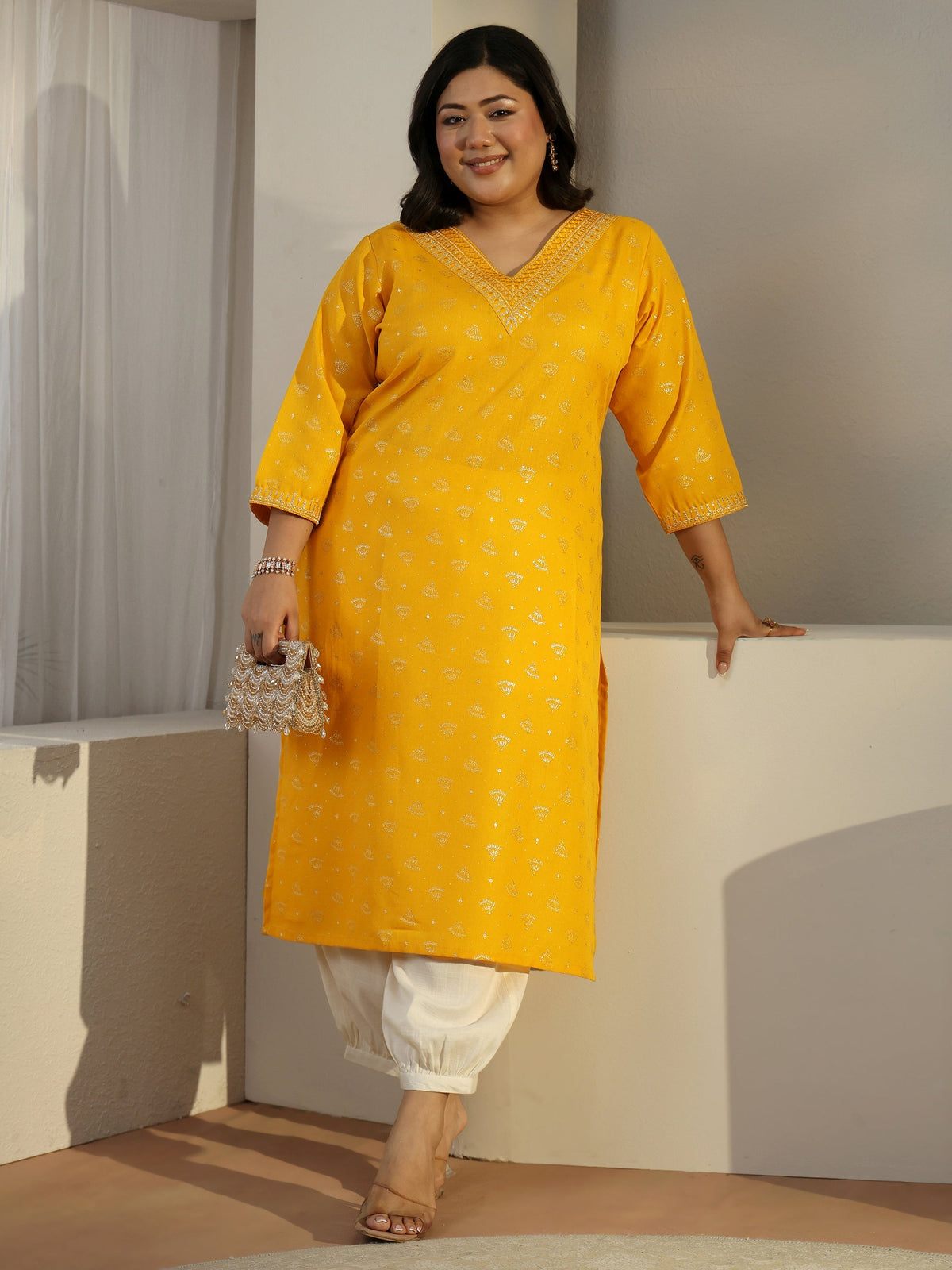 Plus Size Yellow Ethnic Motifs Printed Cotton Blend Straight Kurta