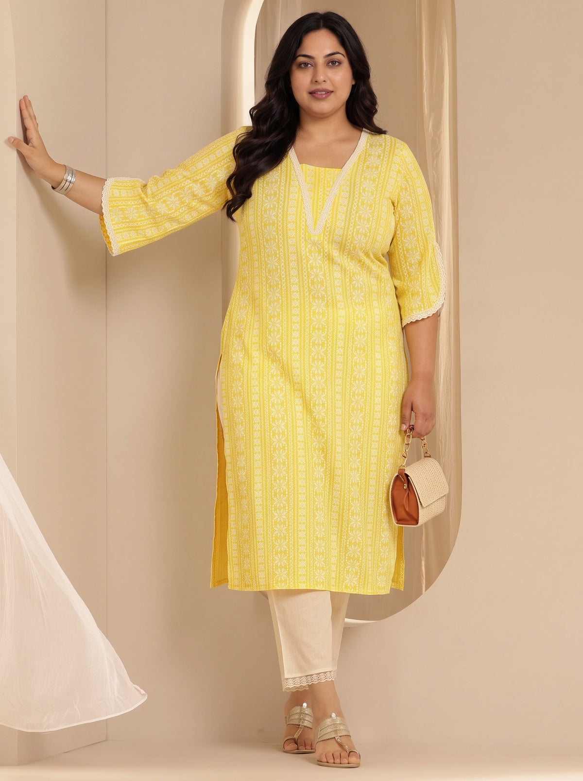 Plus Size Yellow Printed Rayon Straight Kurta